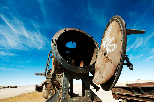 Rusted steam trains and locomotives in Train cemetary, Uyuni, Bolivia