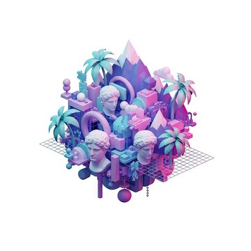 Vaporwave Aesthetic 3D Rendered Composition with Sculptures and Tropical Elements.