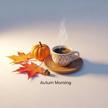 Steaming Coffee Cup with Autumn Leaves and Pumpkin on White Background.
