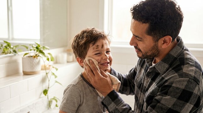 family bath time child hygiene parenting bathroom care father routine focused on rapid assessment with hispanic father smile family bath bathtime detail shows a father sharing a gentle child hygiene