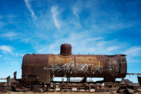 Rusted steam trains and locomotives in Train cemetary, Uyuni, Bolivia