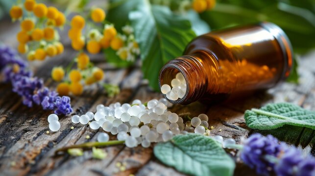 Amber bottle of homeopathic pellets with herbs and flowers on rustic wood, symbolizing natural, alternative healing and gentle remedy.