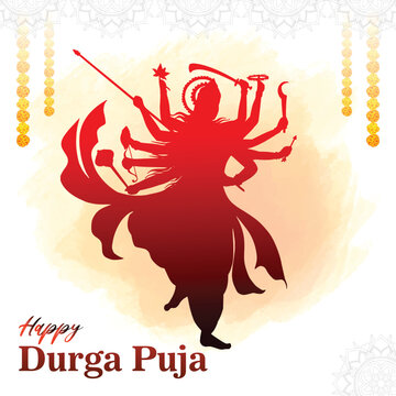 Traditional Goddess Durga with Lion, Trishul and Sacred Symbols for Happy Durga Puja Celebration, Indian Hindu Religious Festival Greeting Card, Colorful EPS Vector Illustration