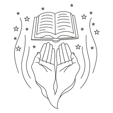 Vector image of hands and a book in doodle style. Concept of writing and education.