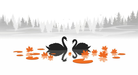 Black swans swimming on lake with autumn maple leaves © andi