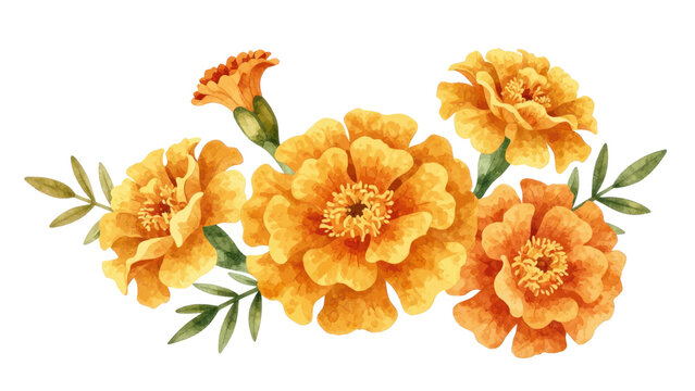 Beautiful Marigold Flowers Bouquet Watercolor Illustration Isolated on White Background, Vibrant Orange and Yellow Tagetes Blooms with Green Leaves, Floral Botanical Clipart Set