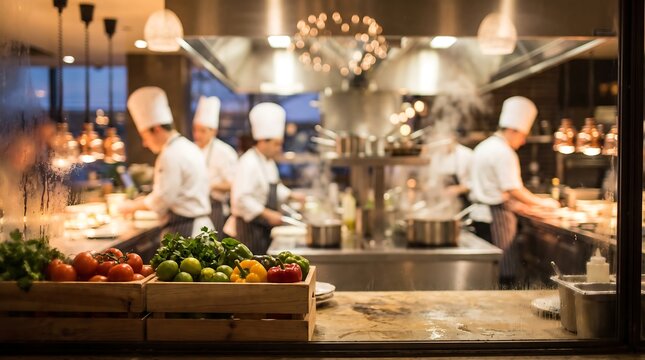 Professional chefs cooking in busy high end restaurant commercial kitchen behind serving window with fresh organic vegetable crates and steam rising from stove top food prep