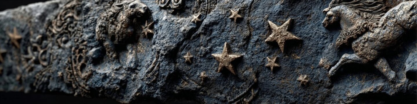 Ancient stone carvings with celestial stars and mythic symbols float in a cosmic expanse, blending archaeological art with cosmic design.