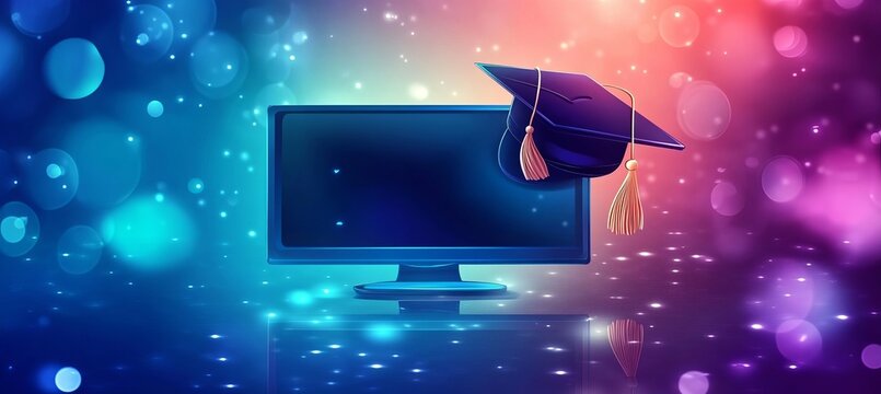 Digital Online Education Technology Concept With Computer And Graduation Cap On A Blurred Background