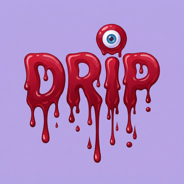 Red dripping paint text with eyeball on purple background.