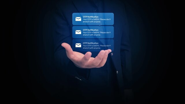 Hand holding digital otp notifications with security message, emphasizing online privacy and data protection in modern technology communication.