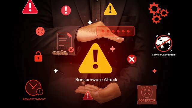 Ransomware attack concept with warning symbols, error messages, and security icons on a digital interface background