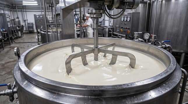 Large stainless steel industrial mixer processing milk in modern dairy factory with automated machinery and clean environment for efficient large-scale food and beverage manufacturing