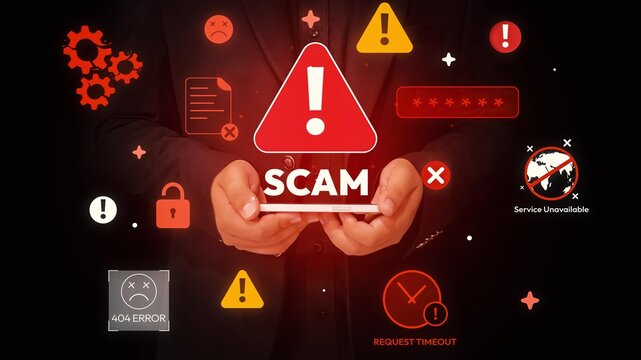 Scam alert concept with warning signs, 404 error, service unavailable, request timeout, and security icons