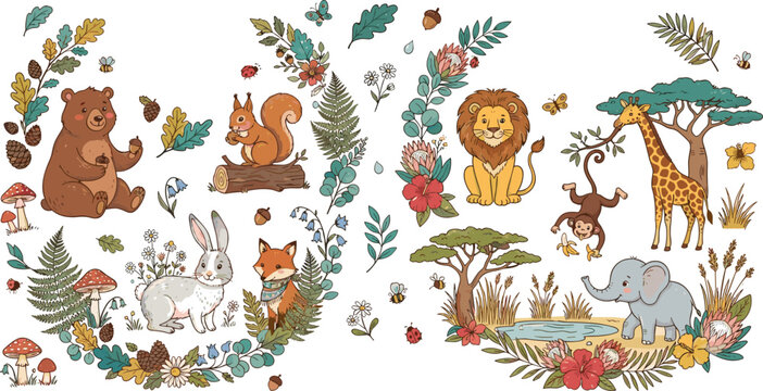 Cute wild animals vector illustration set containing forest bear squirrel rabbit fox and safari lion monkey giraffe elephant characters surrounded by plants.