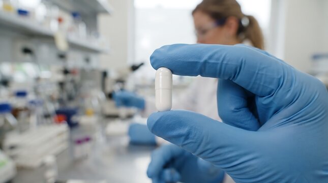 Scientist in laboratory holding single white medical capsule between fingers wearing blue protective nitrile glove with blurred background of research equipment and chemical glassware