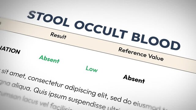 Stool occult blood test report showing results and reference values in medical laboratory analysis document 4k animation.