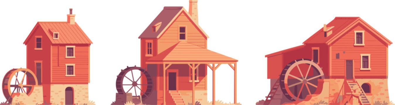 Vintage wooden watermill houses set, old rustic water mill buildings with timber wheels vector illustration design