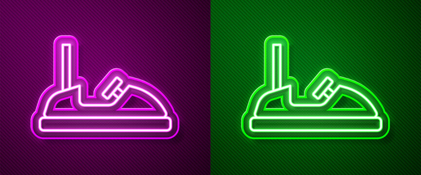Glowing neon line Bumper car icon isolated on purple and green background. Amusement park. Childrens entertainment playground, recreation park. Vector