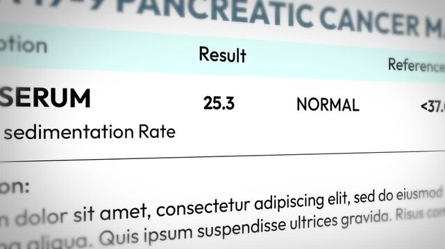 Blood test result showing normal serum sedimentation rate with value for pancreatic cancer marker analysis, 4k animation.