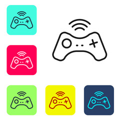 Black line Wireless gamepad icon isolated on white background. Game controller. Set icons in color square buttons. Vector © Kostiantyn
