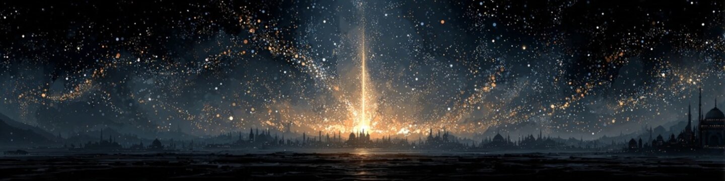 A vertical beam of golden light rises from a cityscape into a star-filled night sky, surrounded by celestial patterns and faint architectural silhouettes.