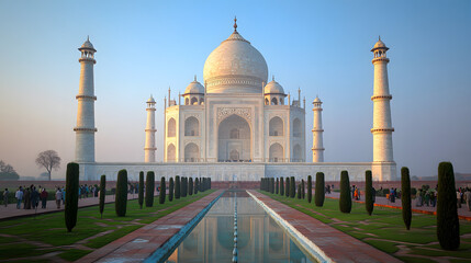 Fototapeta premium Majestic white marble mausoleum with central dome and symmetrical minarets at golden hour with towering minarets reflective evening light with showcases grand white, warm evening