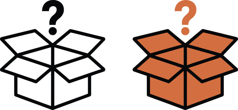 Question box icons, surprise package symbols for mystery rewards, hidden contents, secret gifts, curiosity concepts, gaming interfaces and digital applications.