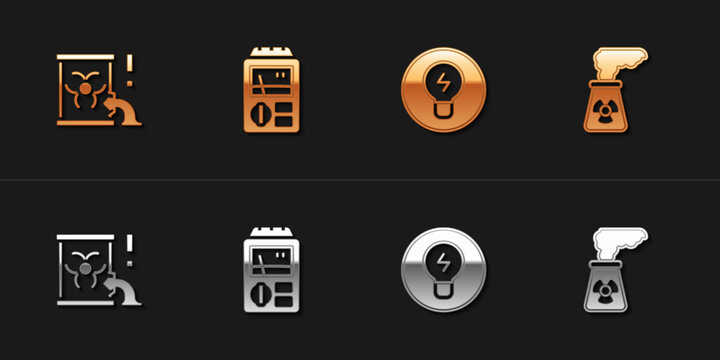 Set Radioactive waste in barrel, Dosimeter, Light bulb with concept of idea and Nuclear power plant icon. Vector
