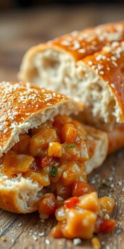 Crunchy dabeli filling spilling out of a crispy bun, Bombay sandwich, green chutney