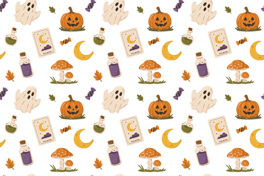 Cute flat seamless Halloween pattern on a transparent background. Suitable for invitations, patterns, textiles, packaging, and any creative projects.