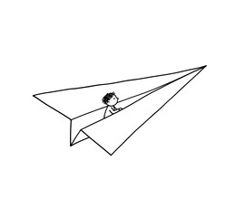 Minimalist line-art illustration of a child riding inside a giant paper airplane, symbolizing imagination, ambition, freedom, adventure, and pursuing dreams.