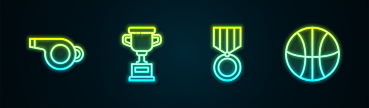Set line Whistle, Award cup, Medal and Basketball ball. Glowing neon icon. Vector