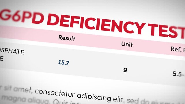 G6pd deficiency test results with numerical data, medical report close-up, healthcare diagnosis concept, laboratory analysis, patient information.