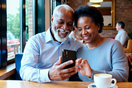 Senior African American couple using smartphone together in cafe, smiling and browsing digital content, showing connection and mobile lifestyle. Ideal for retirement tech adoption marketing