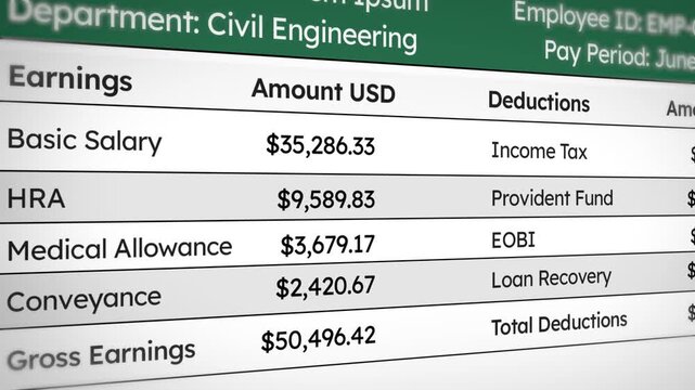 Financial payroll statement showing salary deductions, gross earnings, and attendance details for budgeting and accounting analysis. 4k animation.