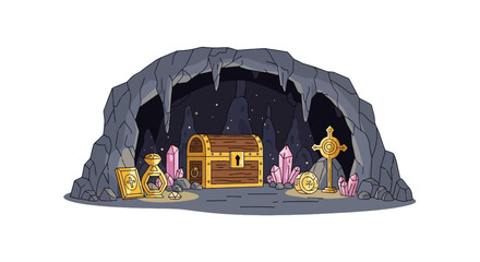Hidden treasure chest in a dark cave surrounded by gold and crystals © ardi