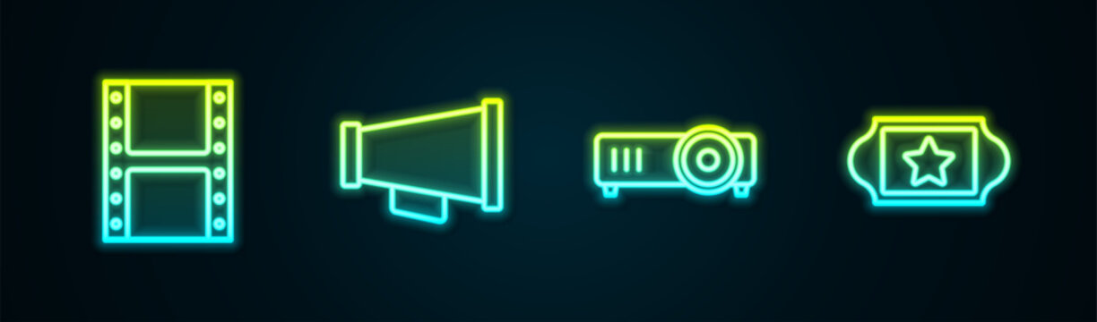 Set line Play video, Megaphone, Movie, film, media projector and Cinema ticket. Glowing neon icon. Vector