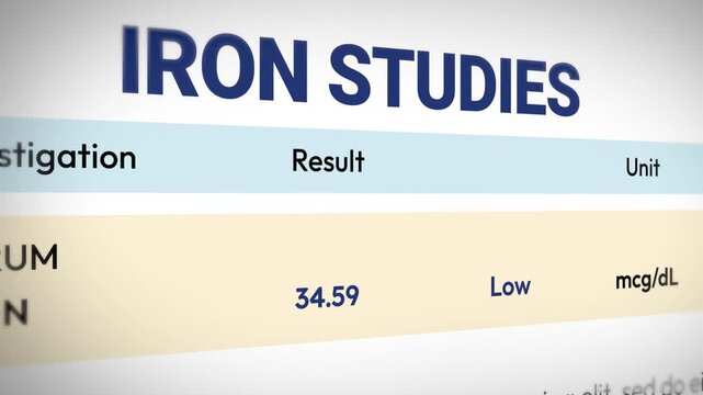 Iron studies result showing low serum iron levels with measurement in micrograms per deciliter for medical analysis 4k animation.