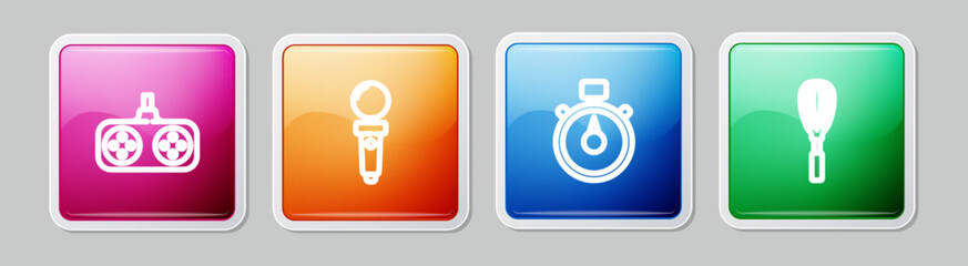 Set line Gamepad, Joystick for arcade machine, Stopwatch and Kitchen whisk. Colorful square button. Vector © Kostiantyn