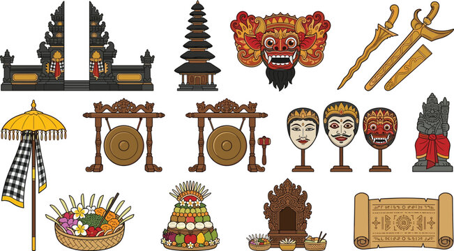 Traditional Balinese Cultural Elements Collection Featuring Temple Gates, Barong Mask, Keris Dagger, Gamelan Gong, Ceremonial Offerings, and Heritage Vector Set