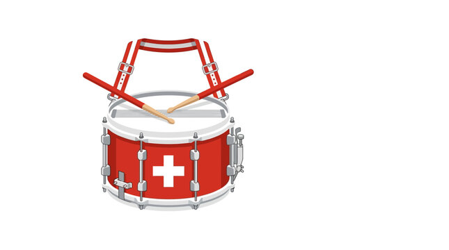 Red percussion marching snare drum with drumsticks and white cross