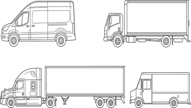 Cargo delivery trucks and commercial van side view outline vector illustration set for transport branding mockup