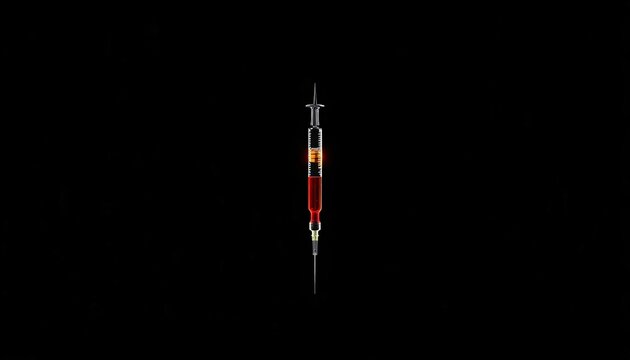 Minimal Syringe with Glowing Liquid on Black Background High Contrast Medical Concept