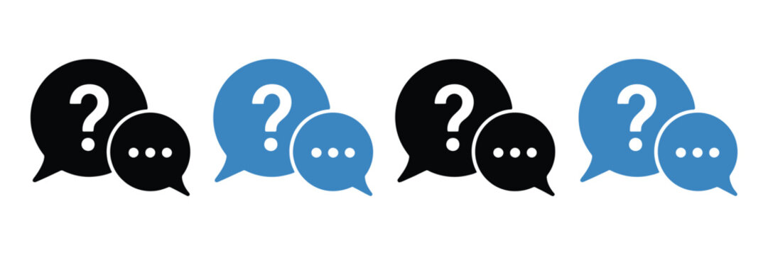Speech bubble icon collection with black and blue variations for conversation chat communication questions and messaging concepts