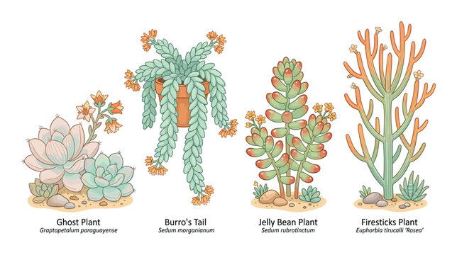 Labeled botanical illustration of Ghost Plant, Burro's Tail, and succulents.