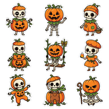 Cute Colorful Chibi Skeleton Cosplay Pumpkin Jack o Lantern Sticker Icons Set 9 Elements Vector Illustration