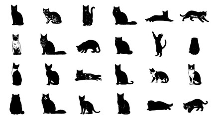 Fototapeta premium Cats in Various Poses and Patterns in Black Silhouettes Featuring Cat, Silhouette, White with Pattern and Pose Elements