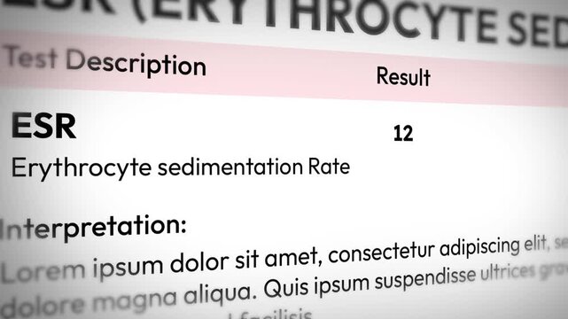Medical test result sheet showing erythrocyte sedimentation rate with interpretation text for healthcare analysis 4k animation.