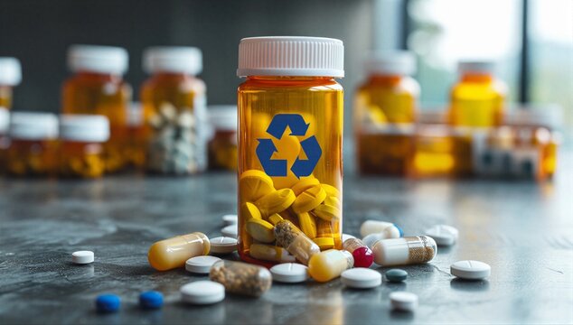 Amber pill bottle with recycle symbol and scattered medication, showing medical waste disposal, unused pill return and pharmaceutical recycling.